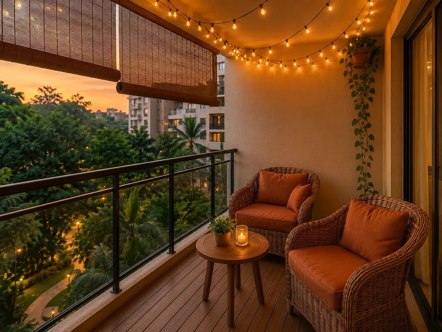 Cozy balcony seating with rattan chairs Chennai apartment