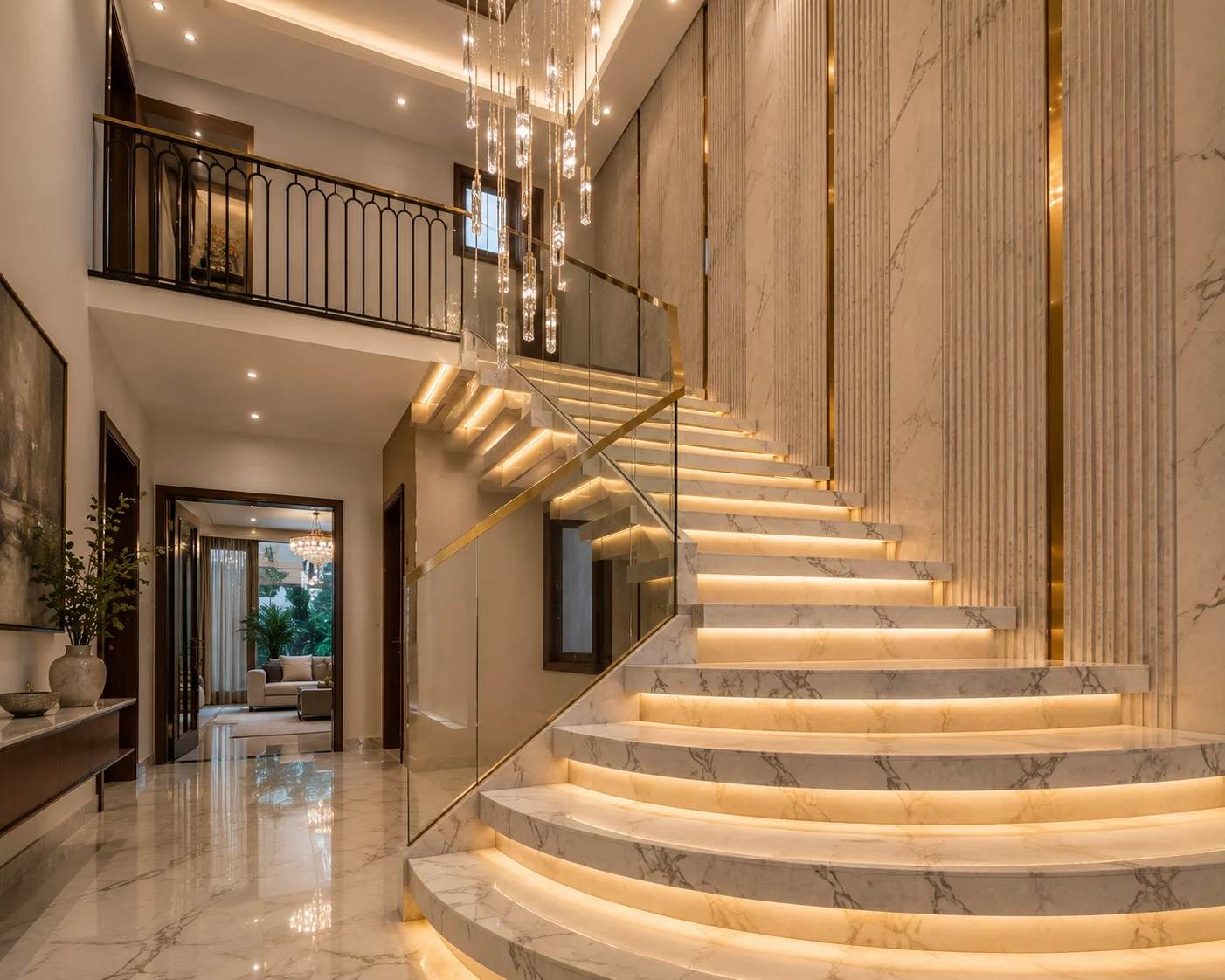 Dramatic double-height staircase centrepiece in a Chennai duplex home