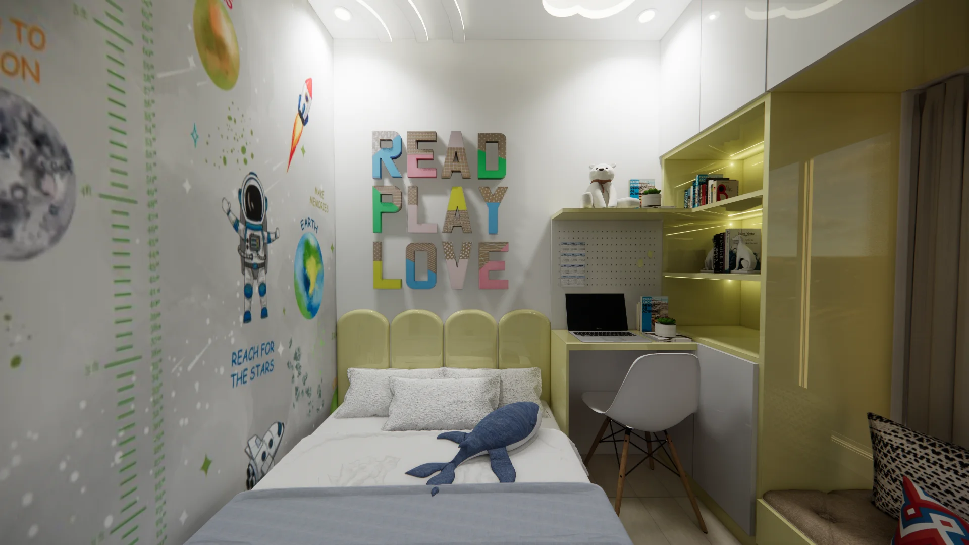 Teen bedroom with minimalist study setup in Chennai apartment