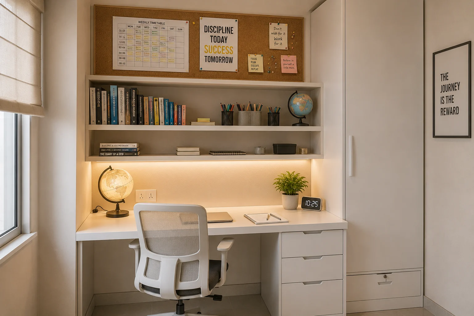 Student study room with desk and bookshelves in Chennai