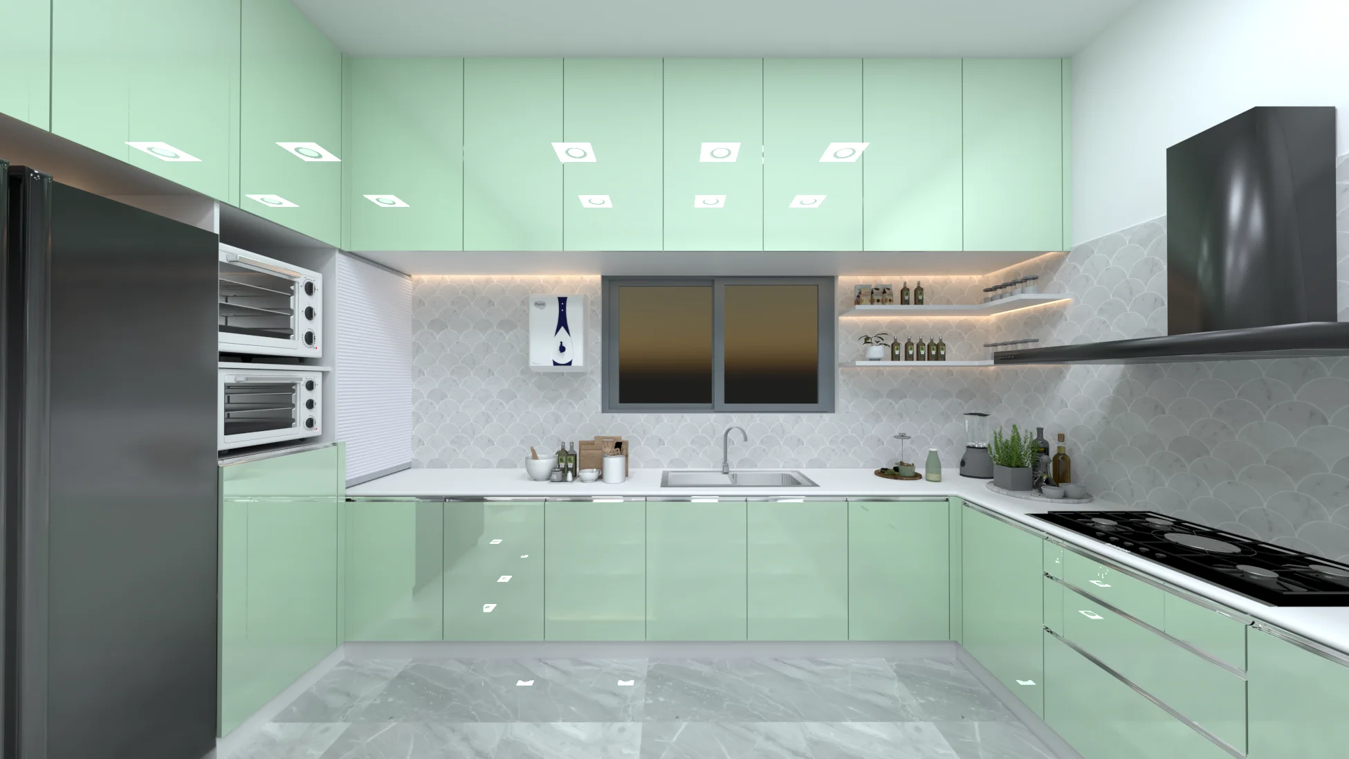 L-shaped kitchen with grey laminate cabinets, T Nagar Chennai