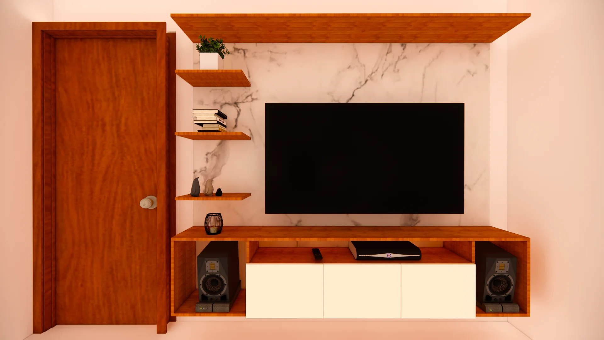 Floating TV unit panel in Chennai living room by HomeOne