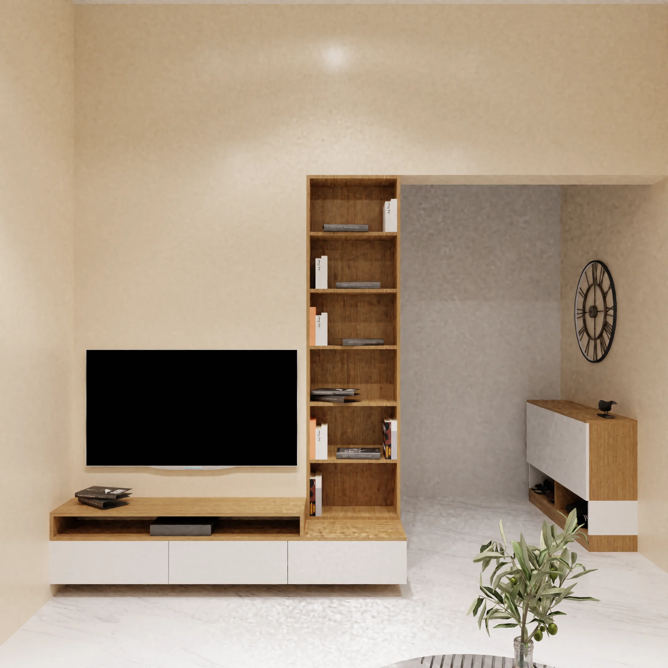 Modular TV wall unit in Chennai living room by HomeOne