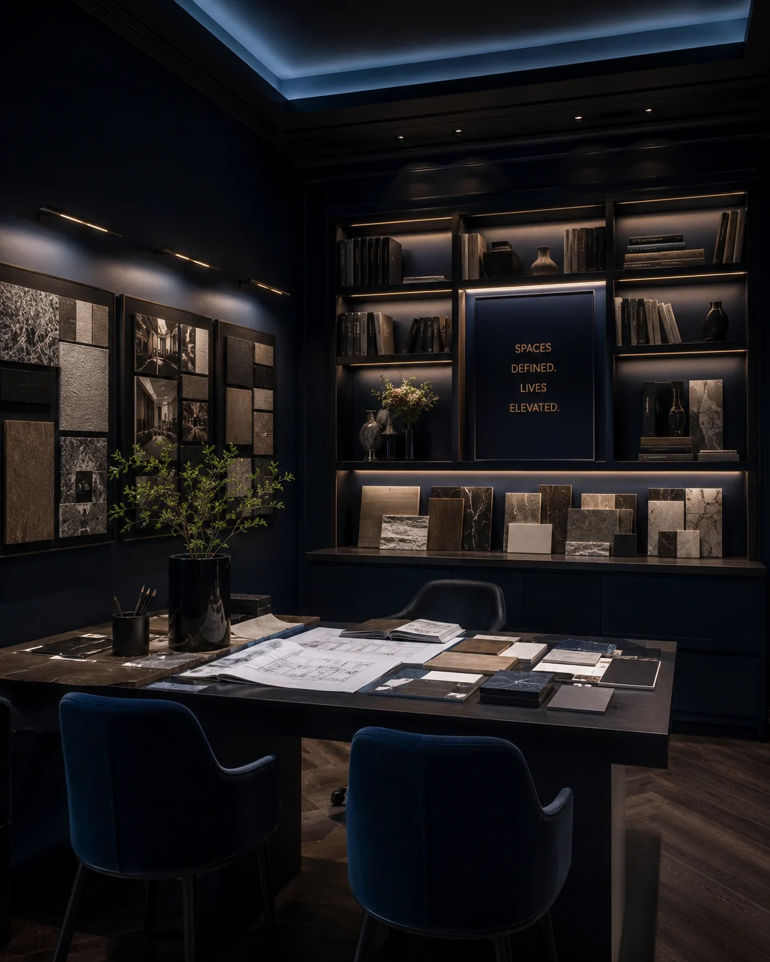 HomeOne T. Nagar studio interior with material samples and design displays